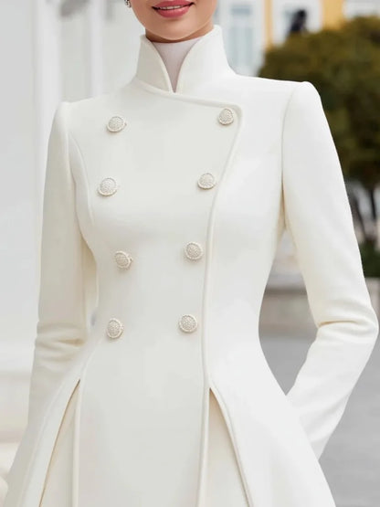 Yeezzi Women's British Style Buttoned Stand Collar Overcoat Midi Dresses Long Sleeves High Waisted Pleated Evening...