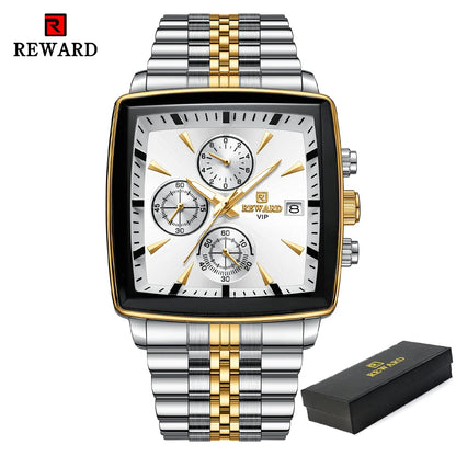 REWARD Fashion Square Dial Watch for Men Stainless Steel Waterproof Quartz Chronograph Mens Watches Luxury Sport Male Clock