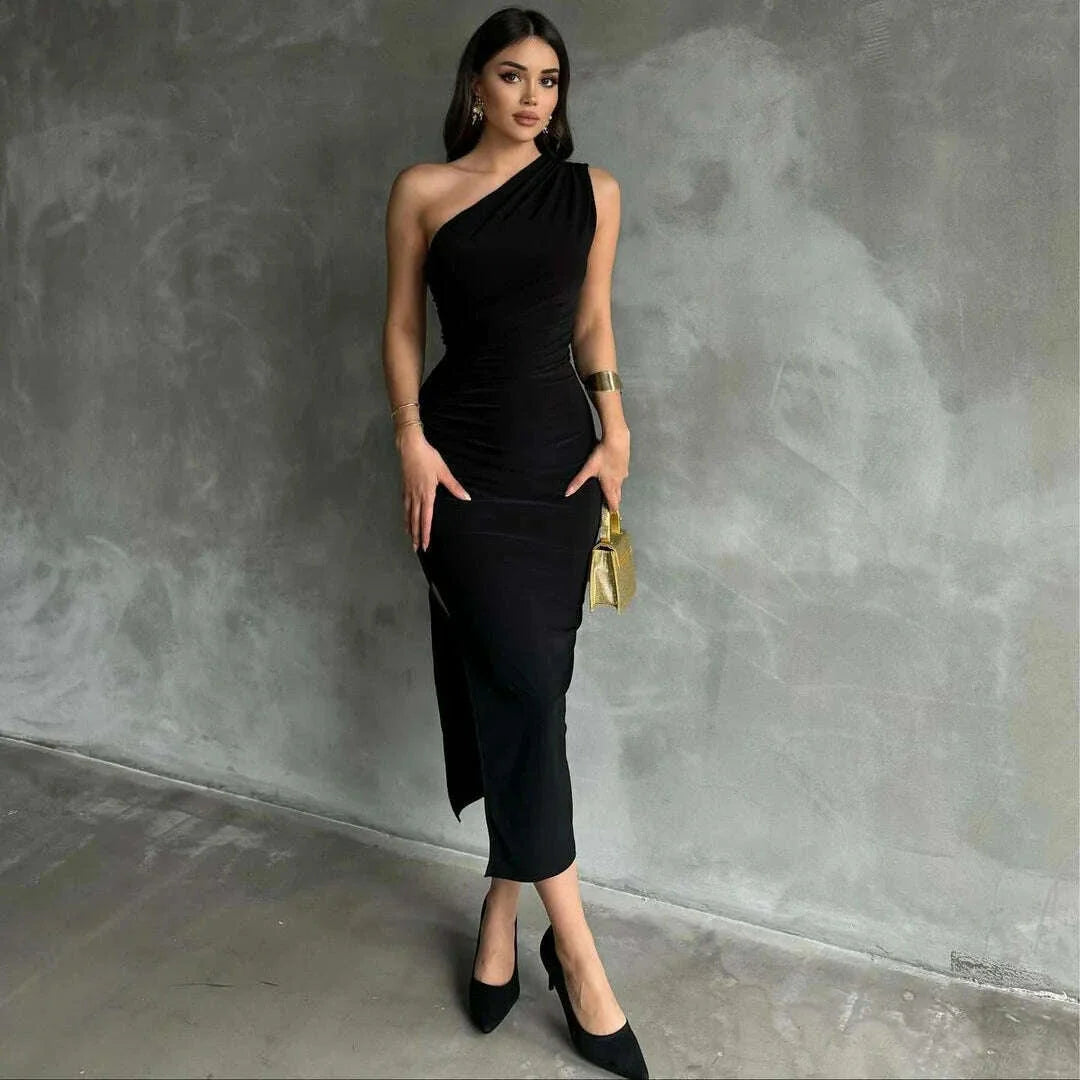 2025 summer new slanted shoulder solid color slit sexy temperament slim fit dress for women wholesale women club clothing