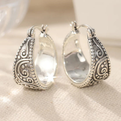 Vintage Copper Material Craftsman Hand Carved Textured Earrings Ornament Earrings, Hoop Earrings