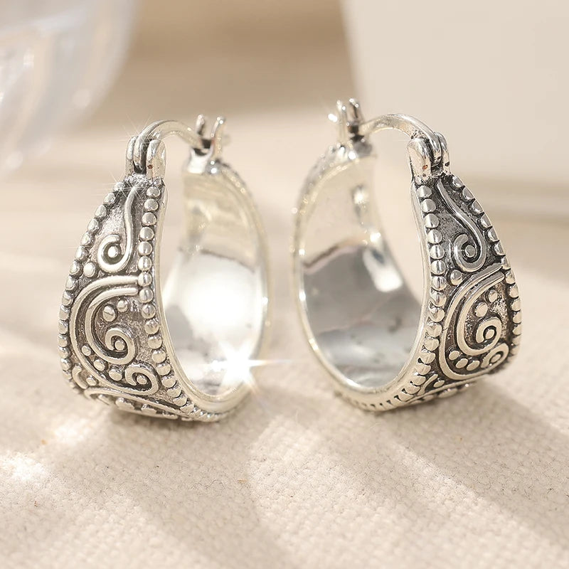 Vintage Copper Material Craftsman Hand Carved Textured Earrings Ornament Earrings, Hoop Earrings