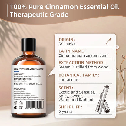 HIQILI 100ML Cinnamon Bark Essential Oils,100% Pure Nature for Aromatherapy, Diffuser, Humidifier, Massage, Relieving...
