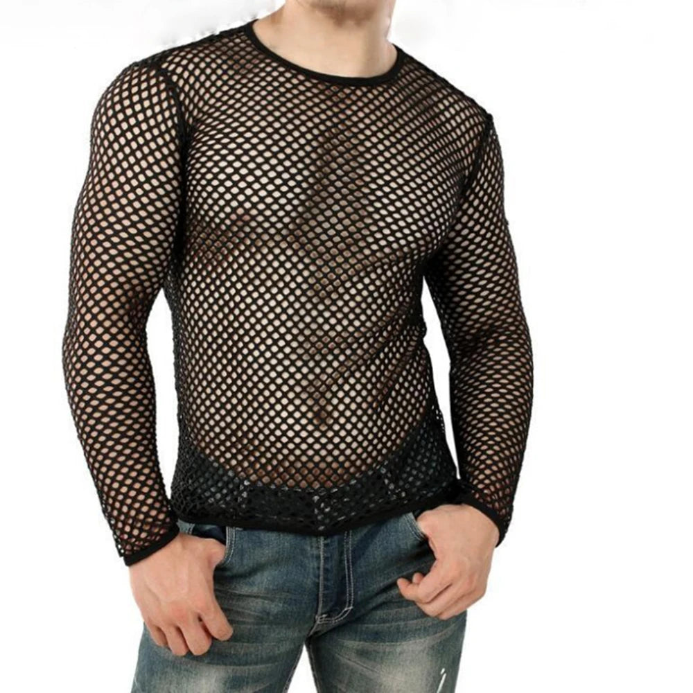 Men Transparent Sexy Mesh T Shirt 2024 New See Through Fishnet Long Sleeve Muscle Undershirts Nightclub Party Perform...
