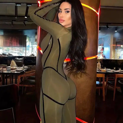 S-4XLWomen Sexy Zipper Jumpsuit Long Sleeve Bandage Tights Solid Bodysuit Female Party Bodycon Stretch Sporty Leisure - Kimlud