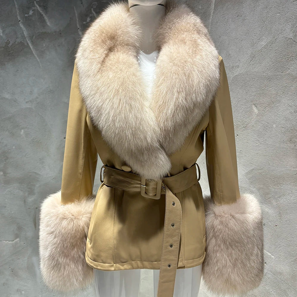 YOLOAgain Women's Real Fox Fur Collar Sheepskin Leather Jacket Coat Autumn 2024