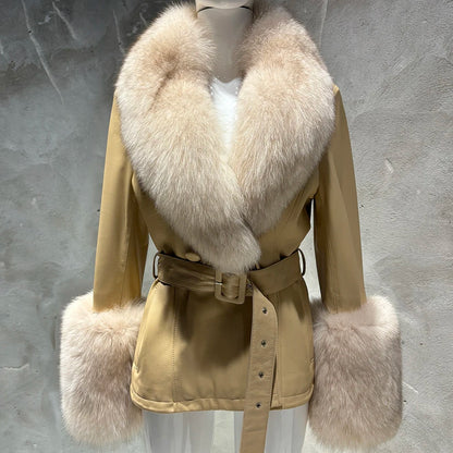 YOLOAgain Women's Real Fox Fur Collar Sheepskin Leather Jacket Coat Autumn 2024