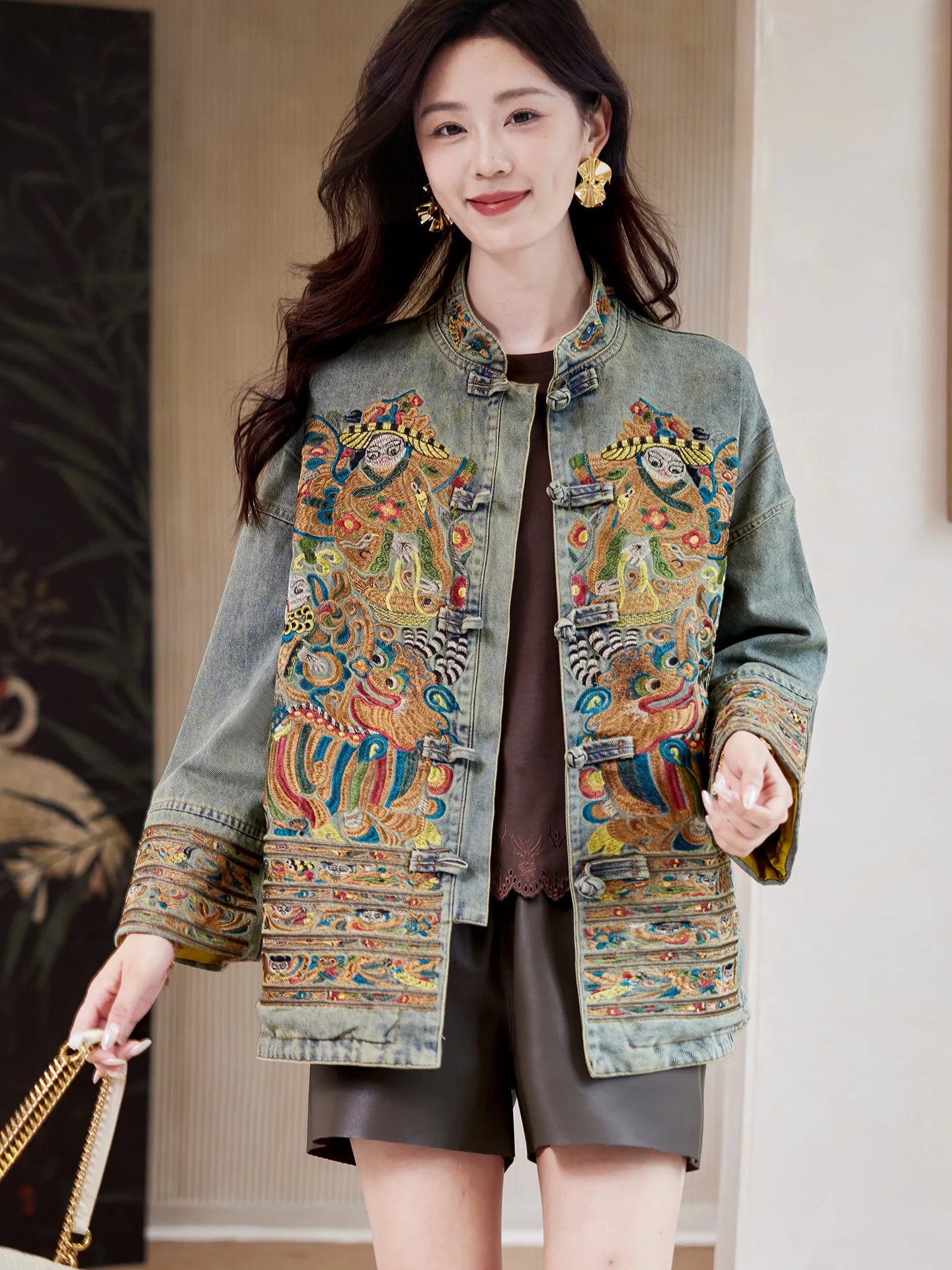 Women Distressed Denim Jacket Heavy Embroidery Lucky Chinese Style 2026 Spring Loose Casual Jean Coat