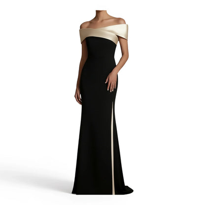 Women's Off Shoulder Maxi Dress Contrast Splicing Mermaid Hem Long Dress Slim Fit Elegant Formal Evening Party Ladies...