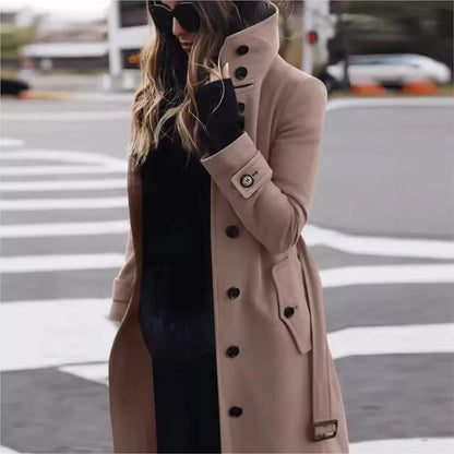 Autumn Winter New Woolen Coat Women's Slim Fit Cardigan Large Coat Women Long Sleeve Single Breasted Stand Collar Trench coats