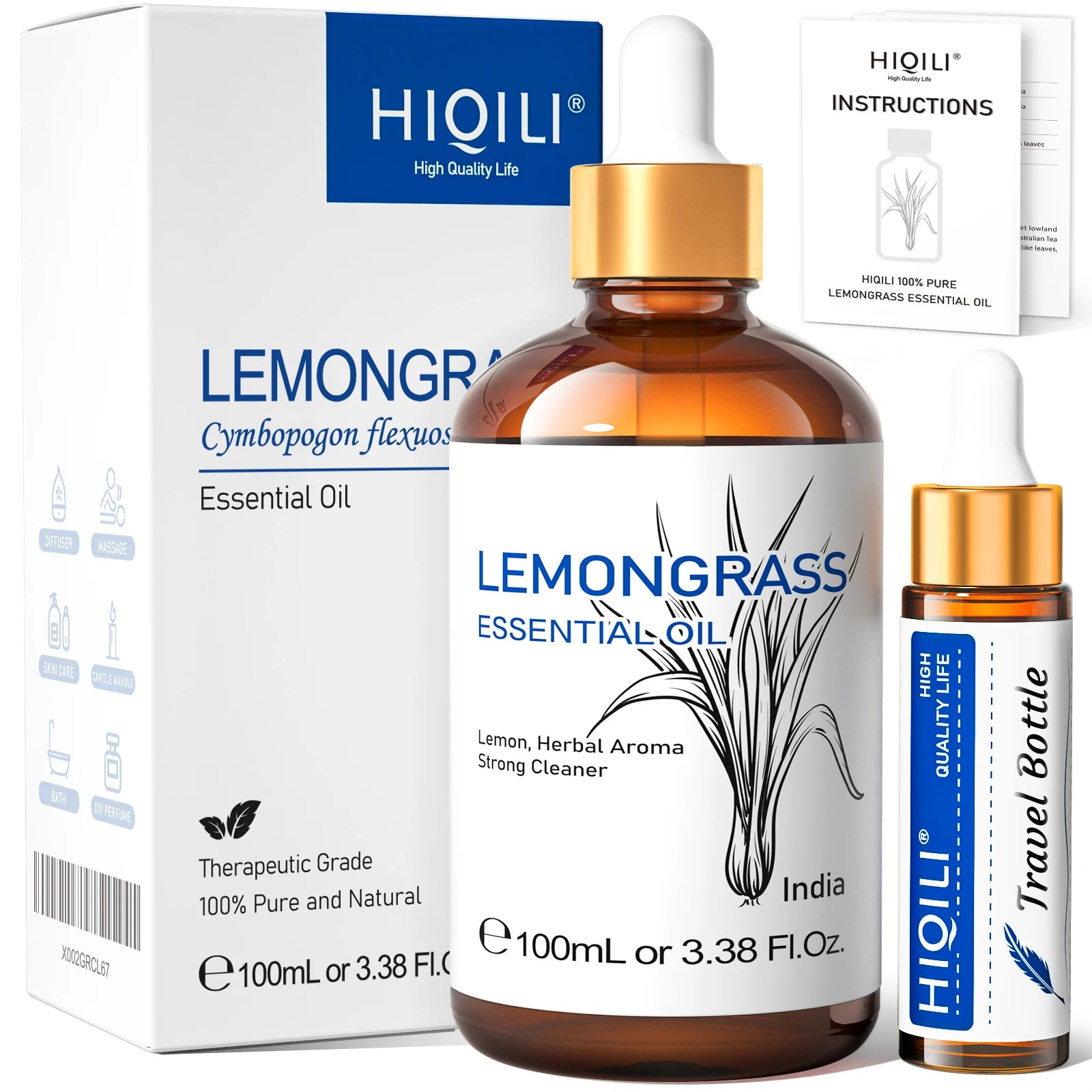 HIQILI Ylang-Ylang Essential Oil 100ML Citronella Geranium 100% Natural Tree Oil for Skin Massage Stress Relief & Aromatherapy