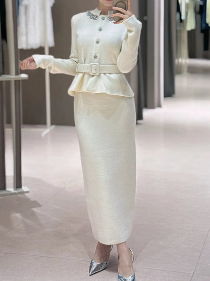 White Knit Two-Piece Style Dress with Rhinestone Button Belt Fitted Long-Length Women's Dress 2025 Fall New Arrival
