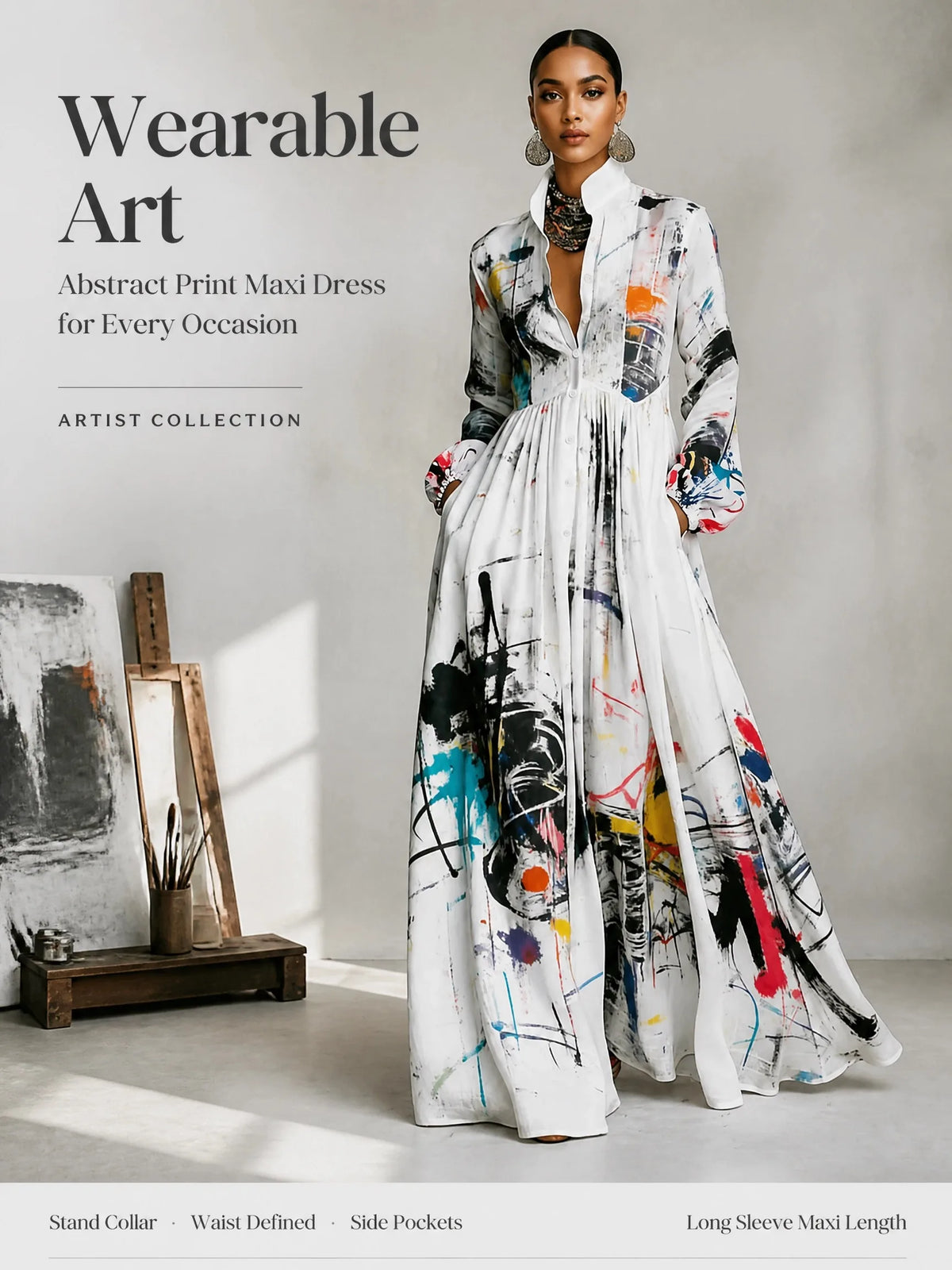 Freeacy Women Stand Collar Printed Shirt Maxi Dress Button Front Long Sleeve Pleated High Waist Flowy Floor Length...