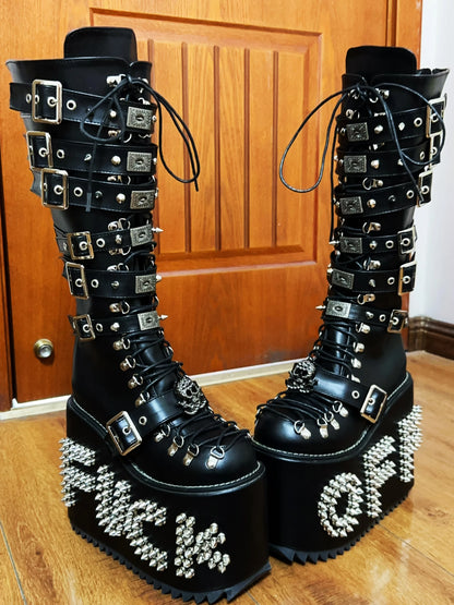 Women Motorcycle Boots women super high thick Heels pumps Cool Lady knight customized boots girl punk Gothic long boots rivets