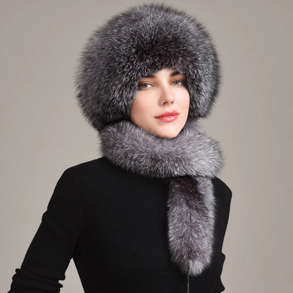 Real Fox Fur Hat with Rabbit Fur Top Girls Winter Hats with Long Tail Pompoms Russian Trapper Hats Bombers Cap Bonnets...
