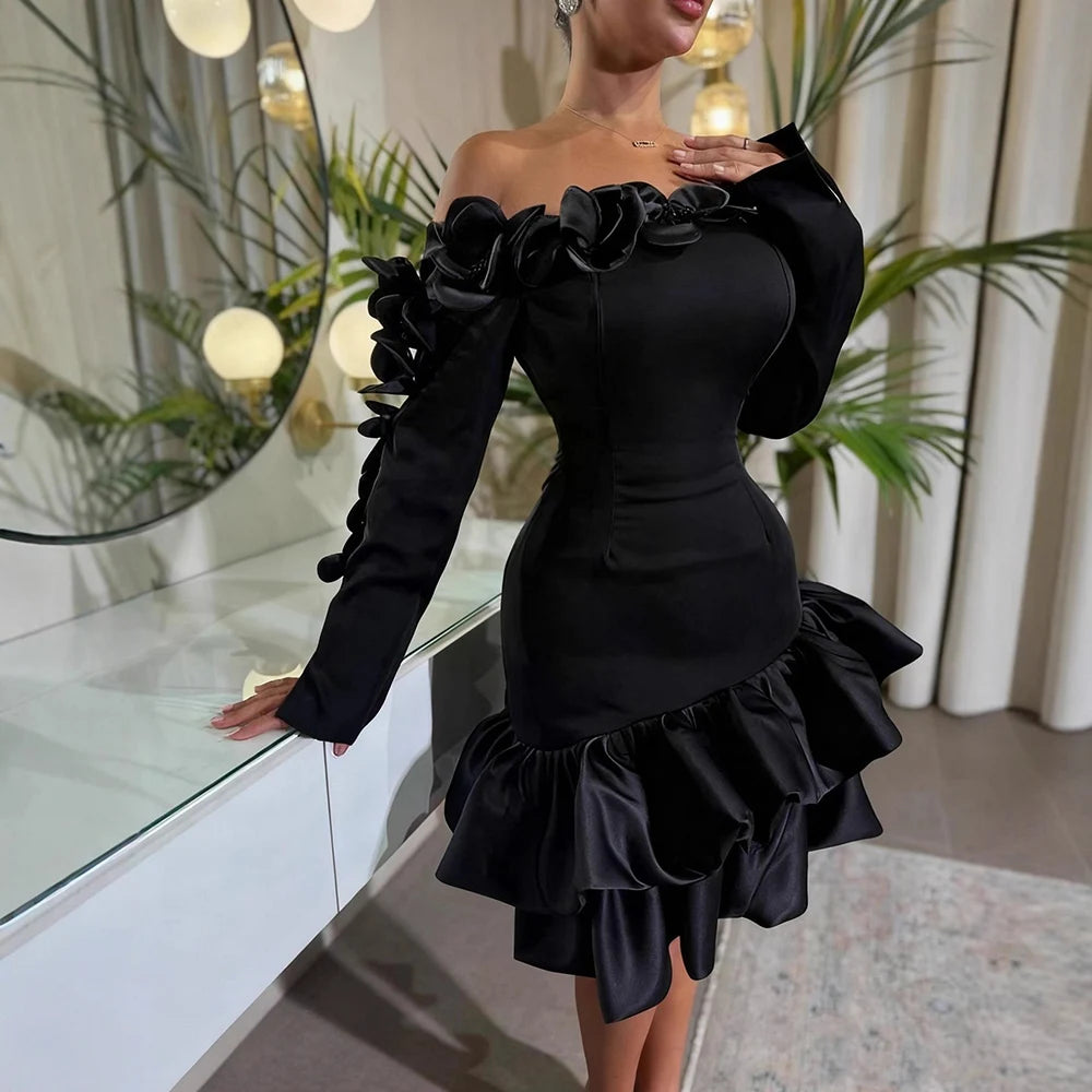 Sexy Off Shoulder 3D Flowers Women Party Dress Corset Ruffle Long Sleeve Irregular Bodycon Dress Cocktail Prom Chic Mini Dresses