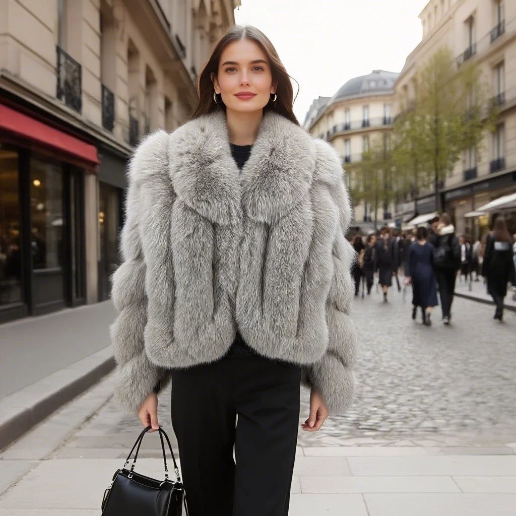 Women Genuine Natural Golden Island Fox Fur Coat with fox fur collar For Winter Fashion Short Jacket