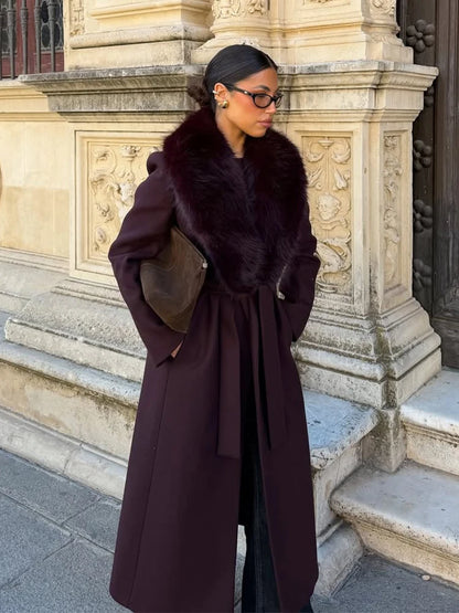 Solid Women Fur Collar Woolen Overcoat Stylish Patchwork Lace Up Long Sleeve V-neck Loose Coats 2026 High Street Warm Outerwear