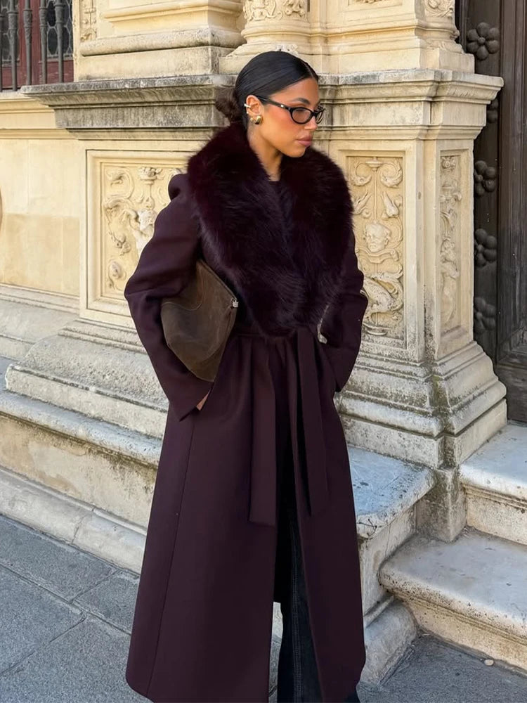 Solid Women Fur Collar Woolen Overcoat Stylish Patchwork Lace Up Long Sleeve V-neck Loose Coats 2026 High Street Warm Outerwear