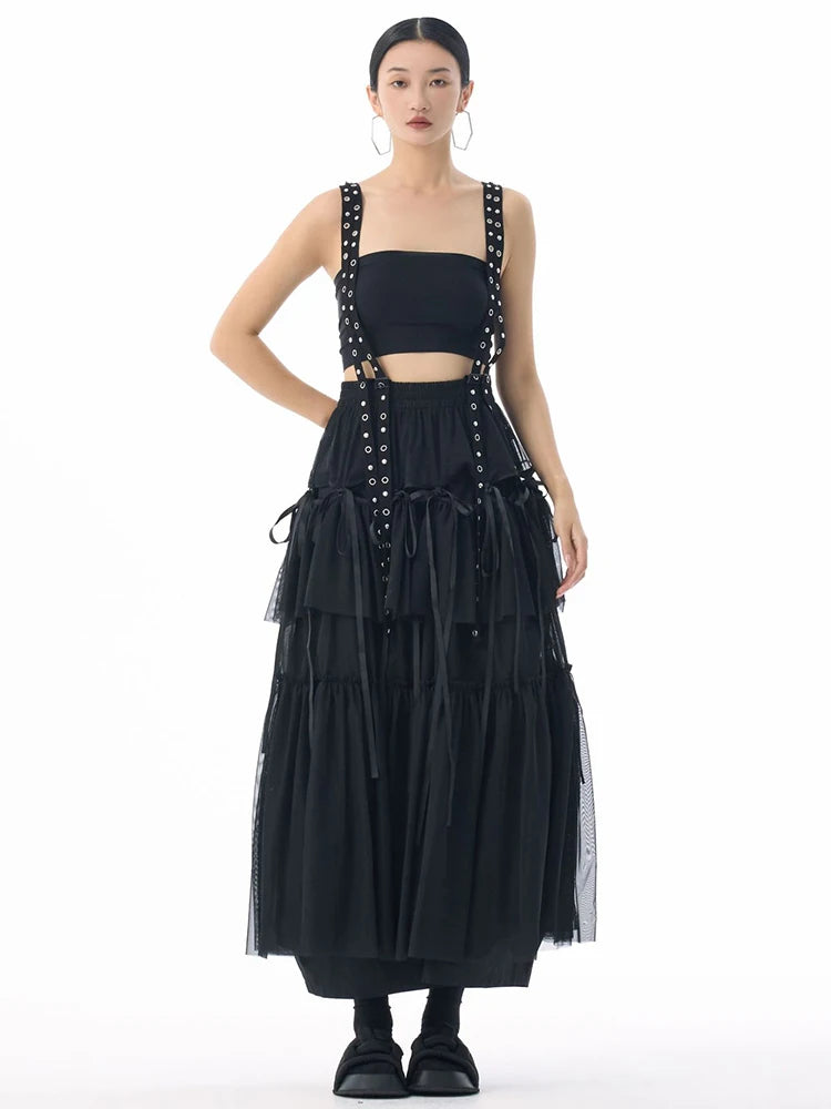 [EAM] High Elastic Waist Coffee Mesh Perspective Ribbon Strap Half-body Skirt Women Fashion Tide New Spring Autumn 2026 1DJ5044
