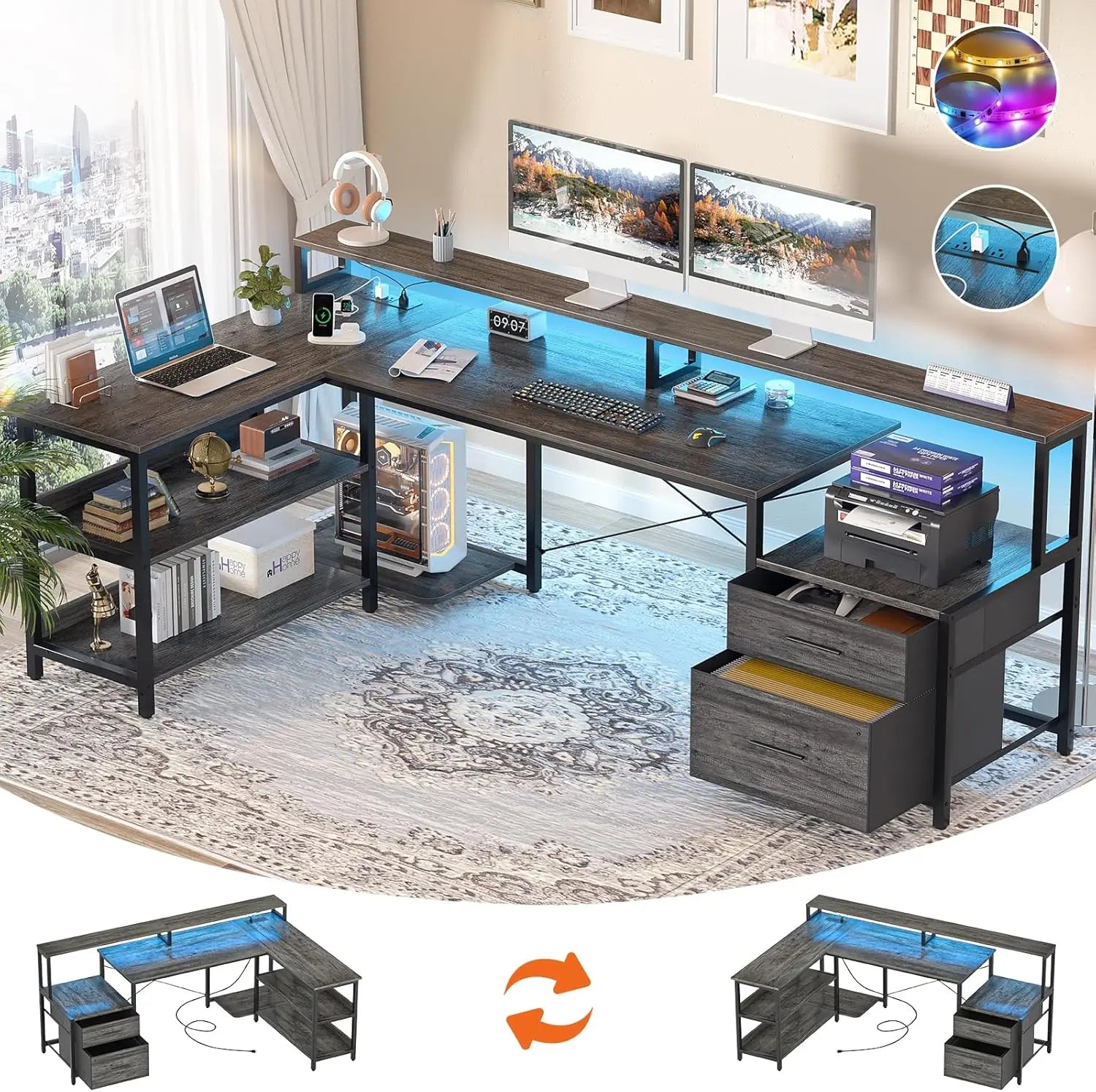 Aheaplus Reversible L Shaped Desk / Home Office Desk / Gaming Desk with File Drawer & Power Outlet & LED Strip - Kimlud