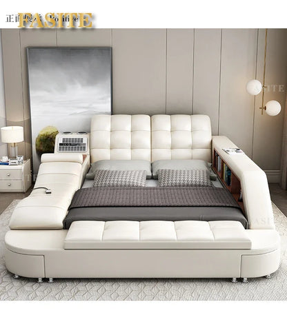 Genuine Leather Tech Smart  Multifunctional Beds Massage Modern Luxury Camas Upholstered With Bluetooth Speaker,Air Cleaner