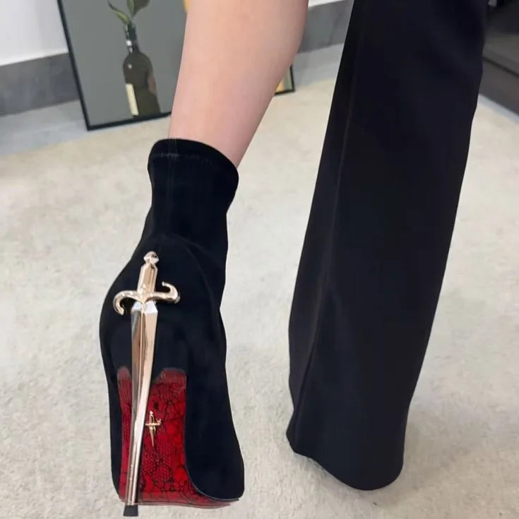 Elegant Short Boots High Boots Velvet Surface Red Bottom High Heels Ladies Fashion Metal Staff Boots Winter Youth Spring