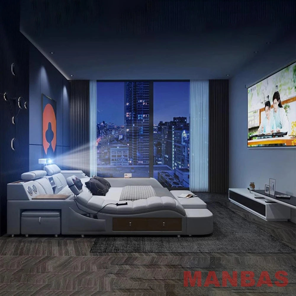 Modern Tech Smart Bed, King/Queen Size Genuine Leather Bed with Projector,USB, Speaker, Luxury Multifunction Bed, All In...