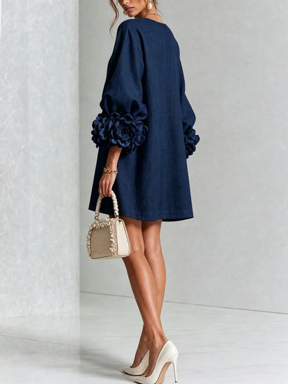 French-style Three-dimensional Flower Lantern Sleeve Cotton-linen Dress with a Round Neck, Single Button Closure, Loose Fit, and