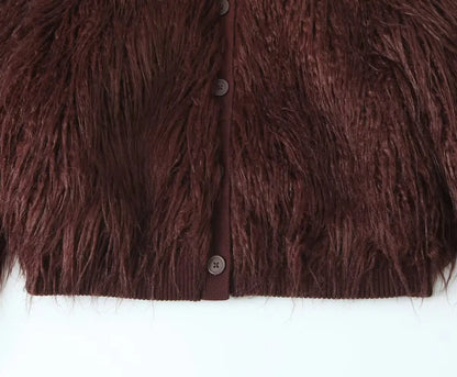 Women's Faux Fur Warm Jacket Fashion Vintage Winter Casual Single Breasted Coat Long Sleeves Stand Collar Short Tops Outwear