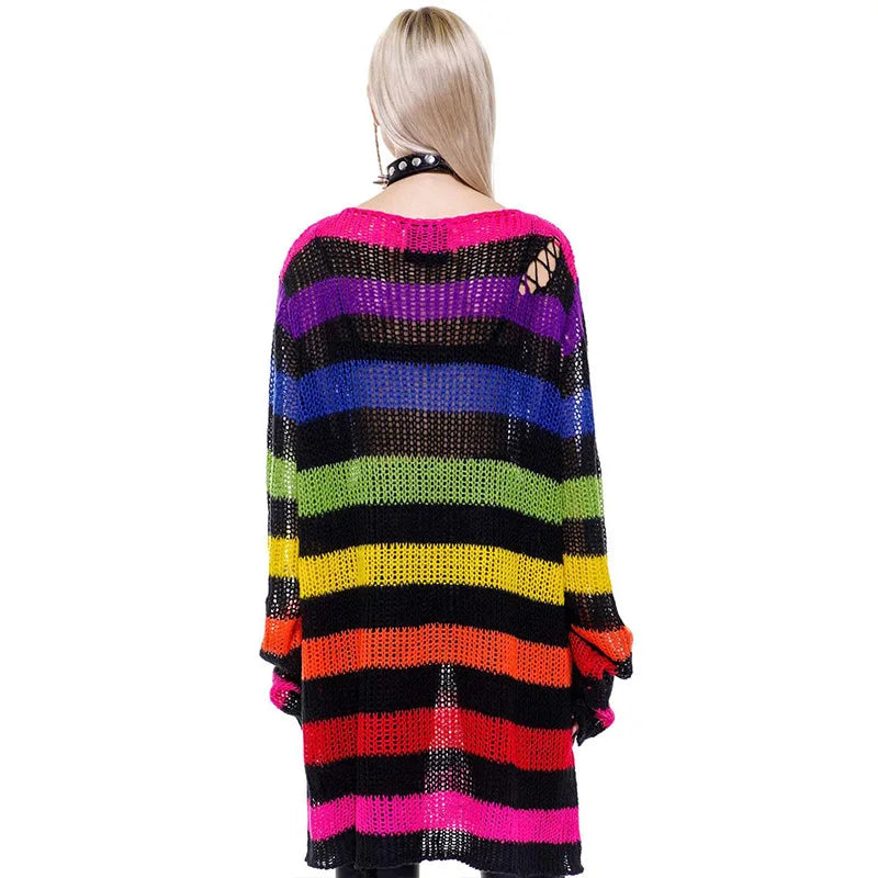 Fashion O-neck Long-sleeved Sweater For Women Autumn High Street Ripped Rainbow Gradient Stripes Mid-length Loose Sweater Female - Kimlud