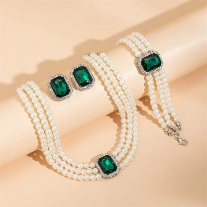 3Pcs/Set Three-Layer Pearl Necklace Earrings Bracelet Emerald Pearl Chokers Women Elegant Clavicle Chain Fashion Party Jewelry