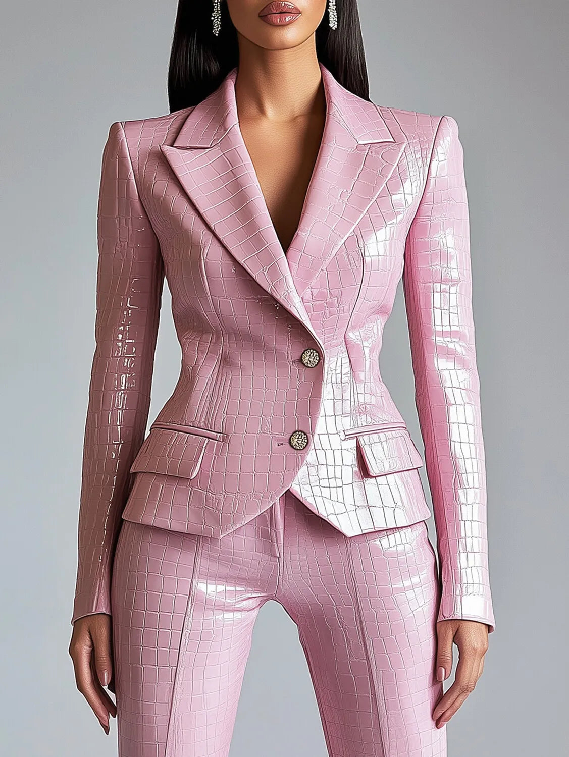 Women Fashion PU Leather Jacket Alligator Pattern Peak Lapel Collar Stylish Zipper Design Slim Fit Biker Coat for Casual Outwear