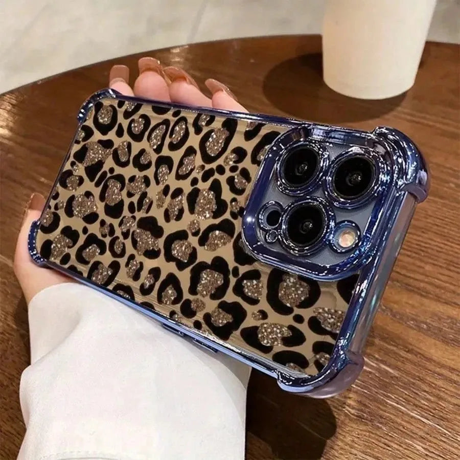 Glitter Leopard Print Plating Phone Case For iPhone 17 16e 16 15 14 13 12 11 Pro Max X XSMax 7 8 Mini Air Plus Anti-Fall...