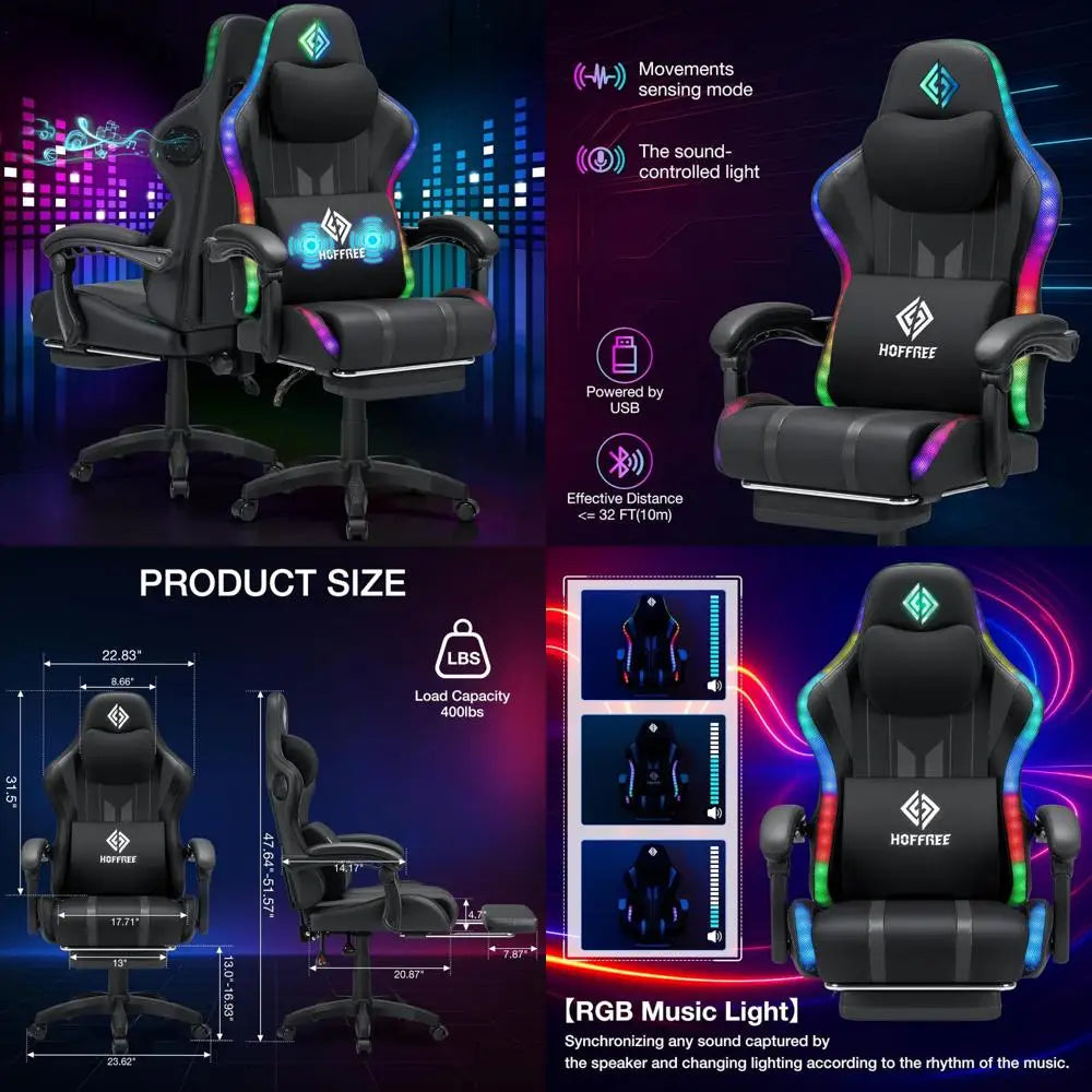 Ergonomic Computer Gaming Chair with Massage, Rhythm RGB LED Lights, Bluetooth Speakers, and Footrest for Enhanced Comfort