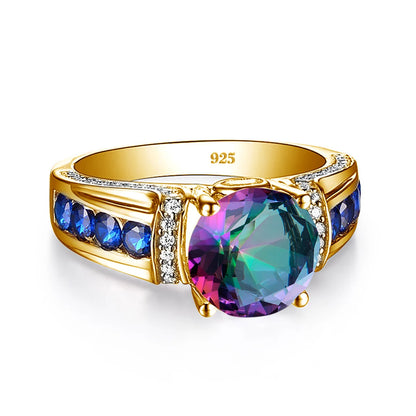Unique Mystic Topaz Gold Ring For Woman With Stone 8*8mm Round Large Cocktail Rings Party Luxury Designer Jewelry Birthday Gift