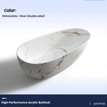 Luxury marble-patterned freestanding bathtub, oval-shaped artificial stone soaking tub, suitable for hotels and villas.