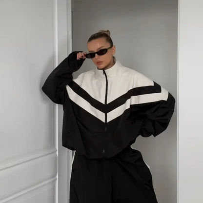 European American Women Outfit Fashion Streetwear Sporty Patchwork Trench Coat Set Two-Piece Sets Spring Autumn Loose...