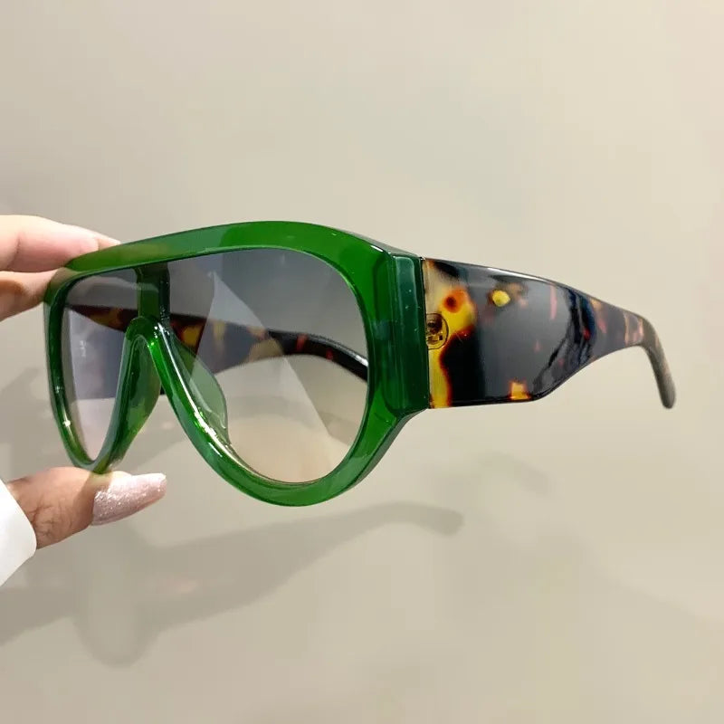 Retro Oversized Pilot Sunglasses Women Fashion Luxury Big Frame One Piece Gradient Green Sunglasses Round Classic Thick Shades - Kimlud