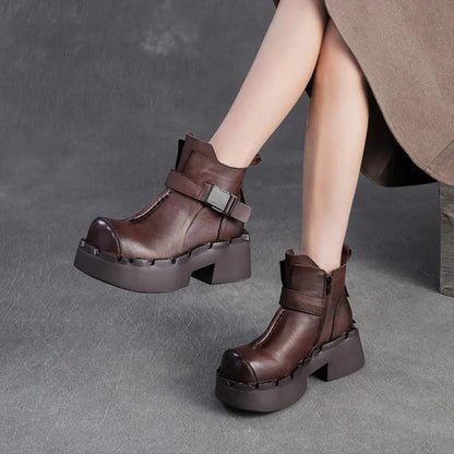6.5cm Cow Natural Genuine Leather Autumn Flats Comfy Shoes Platform Wedge Elthnic Big Toe Women Ankle Booties Rubber Spring