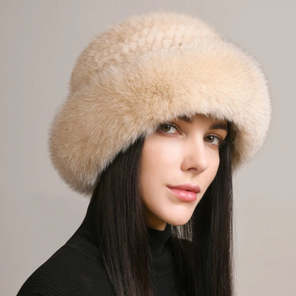 New Genuine Real Natural Knitted Mink Fur Hat Luxury Women Handmade Knit Fashion Winter Headwear Warm Real Fox Fur Beanies Caps