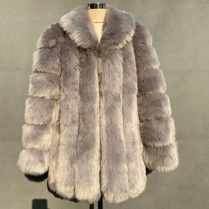 2025 Winter Women's Mid-Length Faux Fox Fur Coat Plush Luxe Warm faux fur Trench Elegant Thermal Outerwear Faux Fur Tops