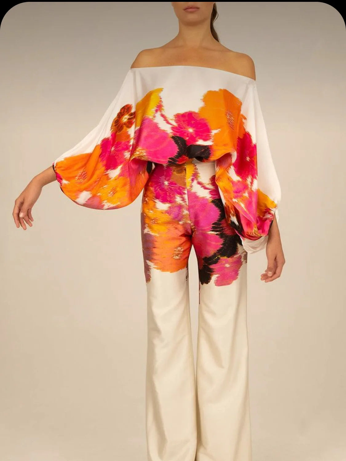 Women Satin Print Pajamas Suit Fashion Hollow Off Shoulder Tops with Long Pants 2 Piece Sets 2024 Homewear Commuting Outfits - Kimlud