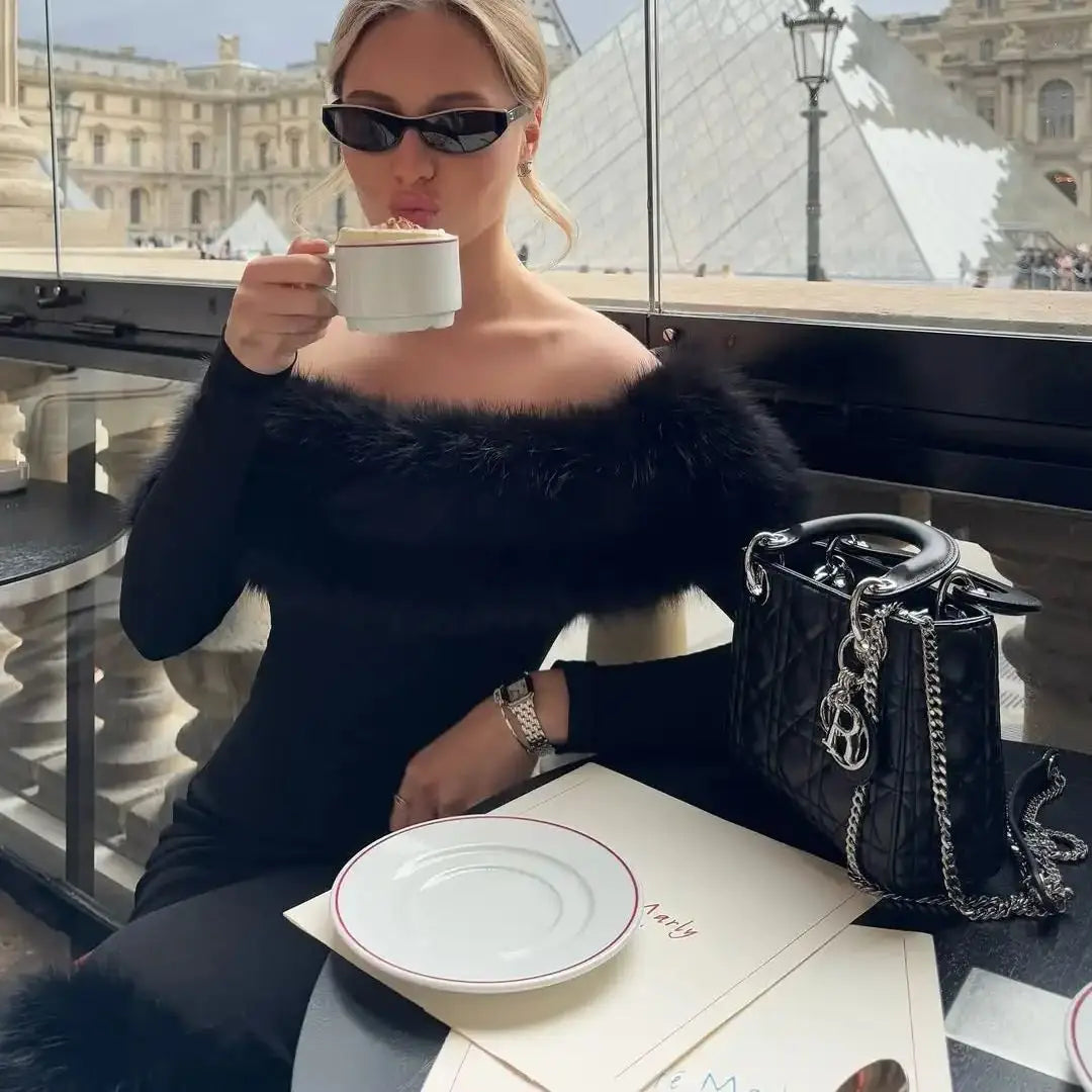 Ofherown Elegant Off Shoulder Black Midi Evening Dress with Faux Fur Long Sleeve Bodycon Party Dress Women Luxury Cocktail Gowns