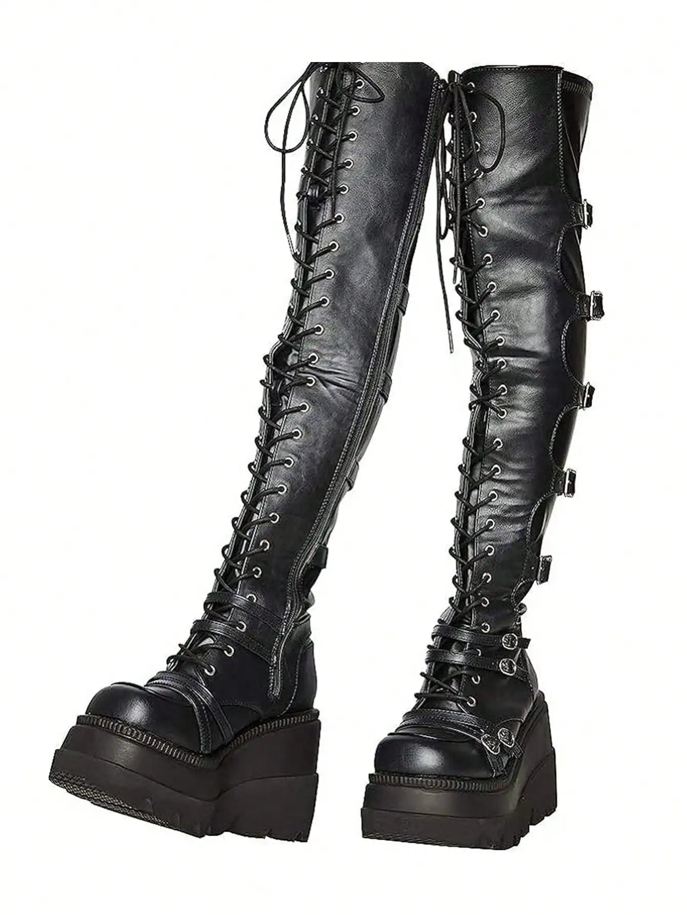 Gothic Over The Knee Boots Y2k Chunky Heel Lace Up Combat Booties Metal Buckle Punk Women Cosplay Holloween Dress Shoes