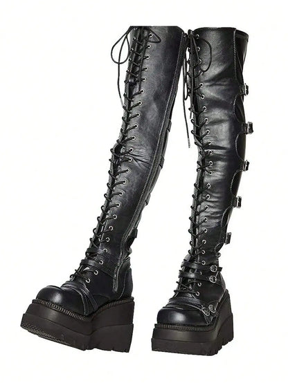Gothic Over The Knee Boots Y2k Chunky Heel Lace Up Combat Booties Metal Buckle Punk Women Cosplay Holloween Dress Shoes