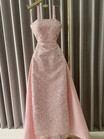 Ofherown Spaghetti Strap Pink Sequins Beaded Evening Dress Satin Train Long Prom Gown Wedding Party Formal Dress