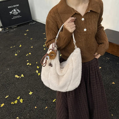 New Winter Versatile Commuting Shoulder Bags Women Large Capacity Furry Bucket Bag for Commute Texture and Simple Storage Bags