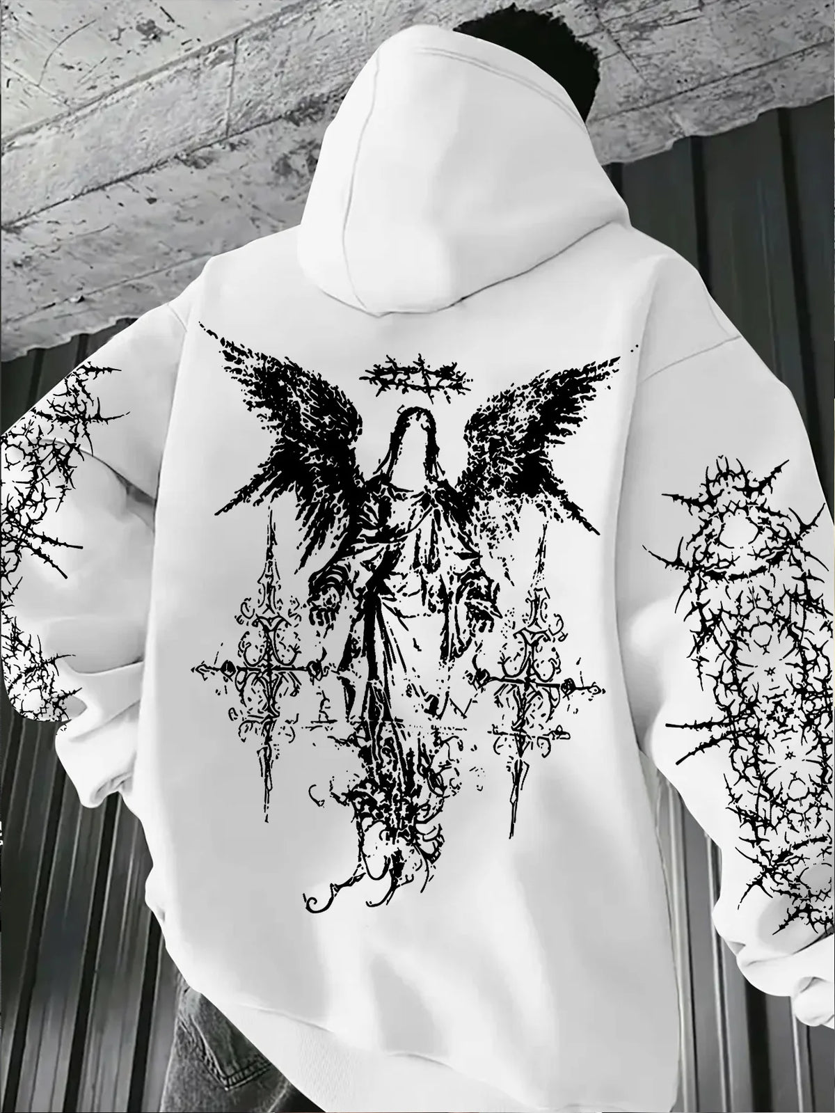 Men's Angel-themed graffiti thorn print streetwear hip-hop punk style hooded sweatshirt regular fit version sweatshirt hoodie