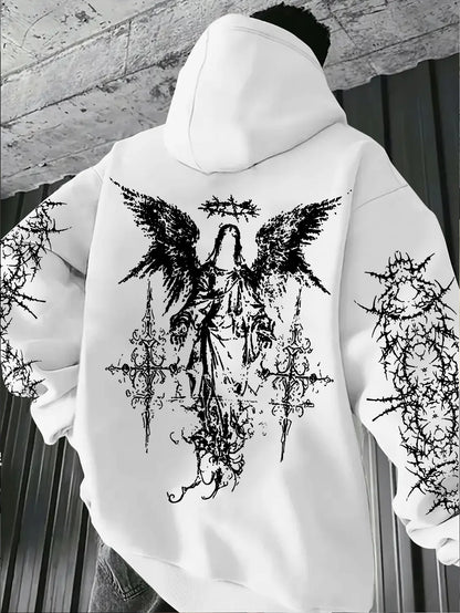 Men's Angel-themed graffiti thorn print streetwear hip-hop punk style hooded sweatshirt regular fit version sweatshirt hoodie