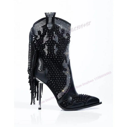 Black Tassel Crystal Decor Ankle Boots Pointed Toe Shoes for Women Thin High Heels Sexy Runway Shoes 2025 Zapatos Para Mujere
